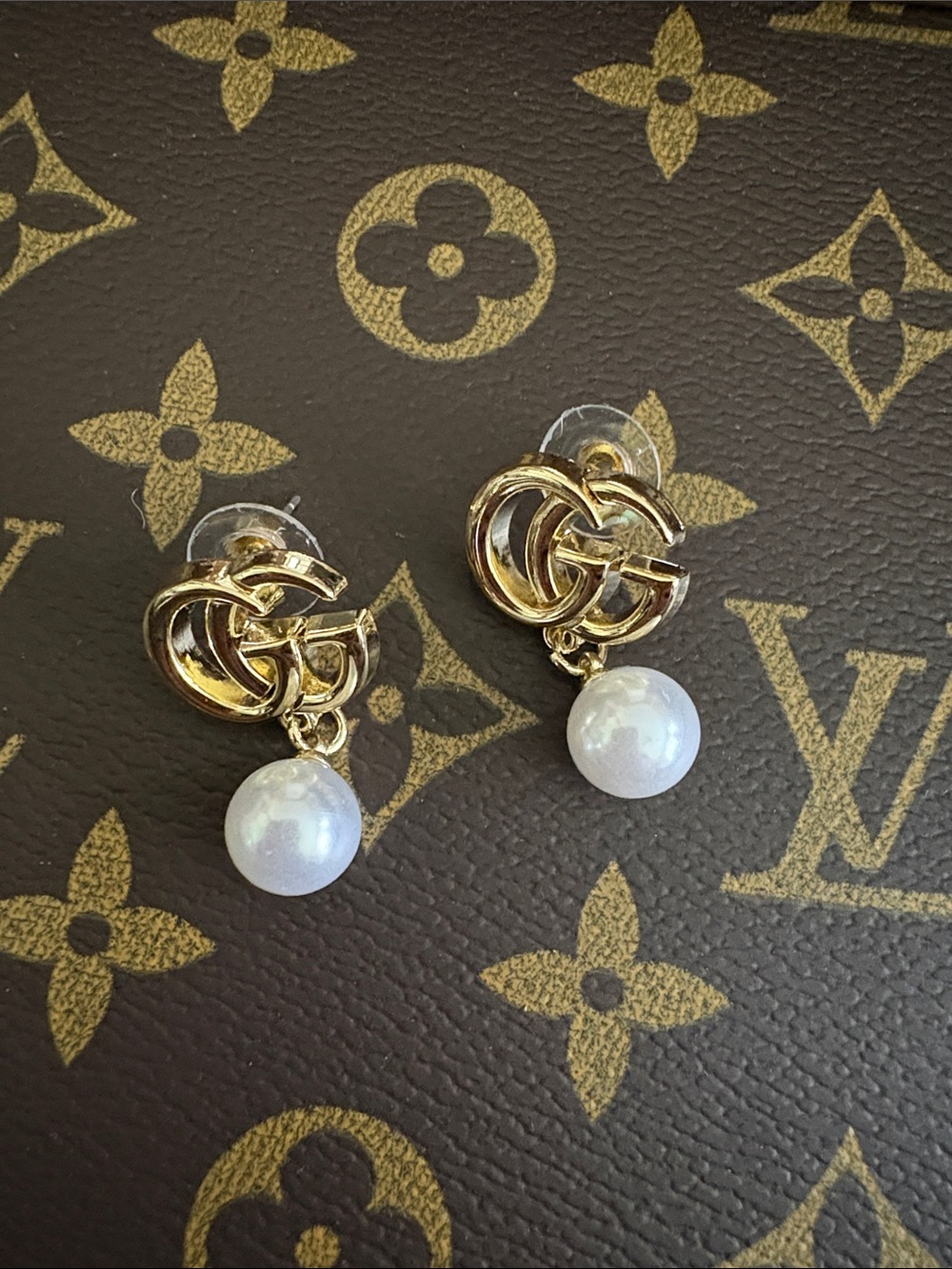 Gold-Tone Faux Pearl Drop Earrings with Interlocking Logo Accent